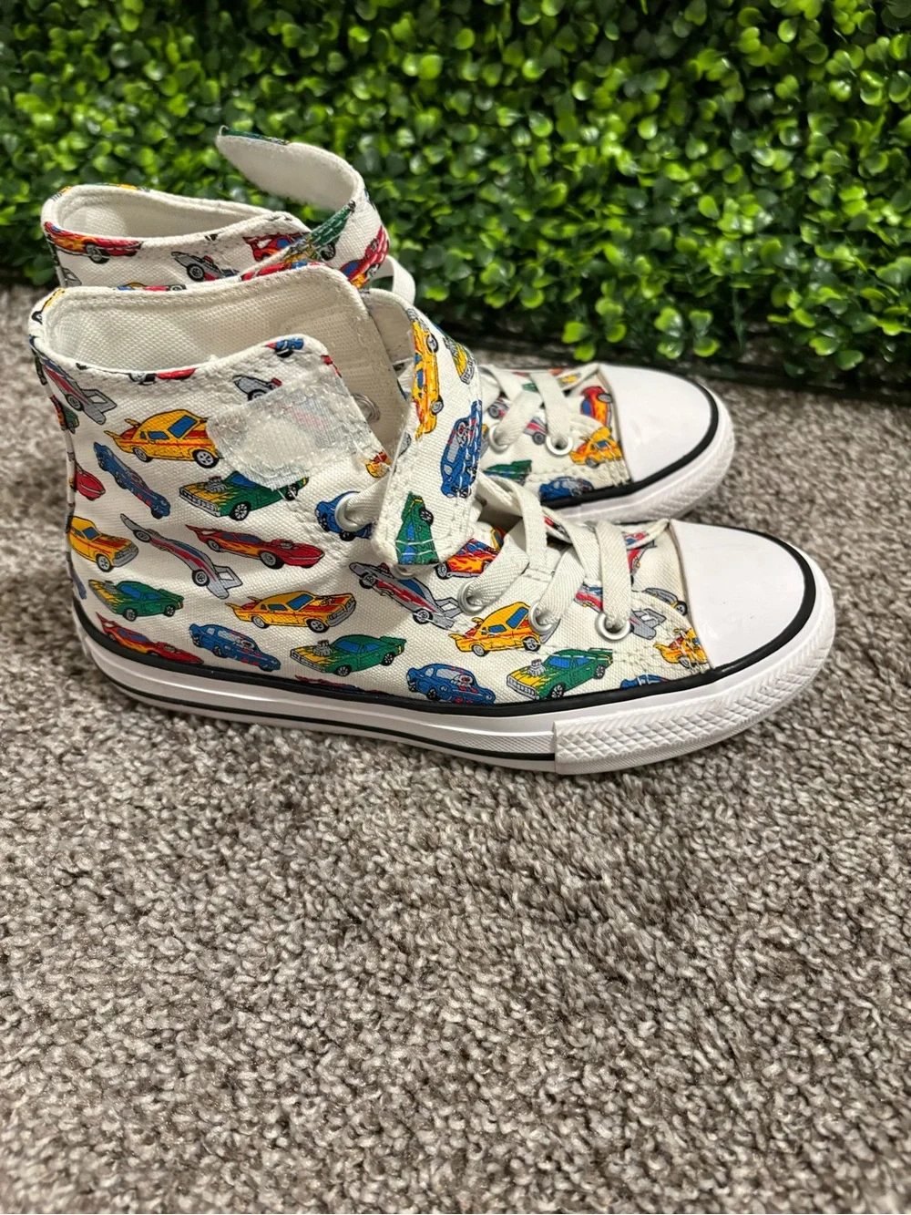 Kids White High-Top Sneakers with Colorful Car Print